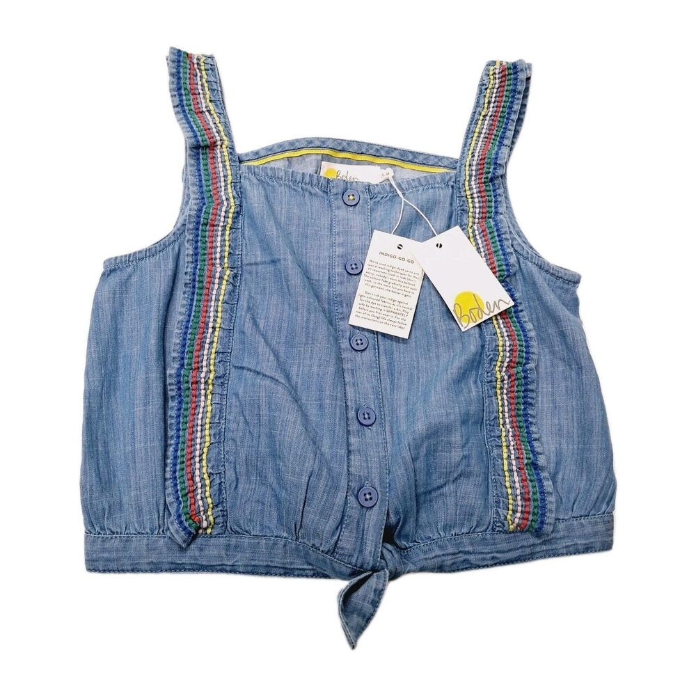 Boden Girls Chambray Denim Summer Crop Top Rainbow Ruffle Button Tie 8-9 Y NWT